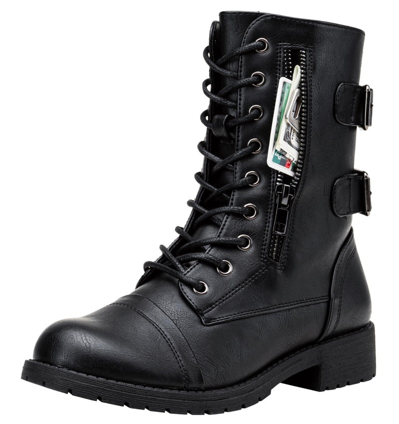Vepose Women's Black Lace up Combat Boots, Mid Calf Hiking Boots, 929 Size 7 US - Credit Card Wallet Pocket (CJY929 Black 07) - Image 1